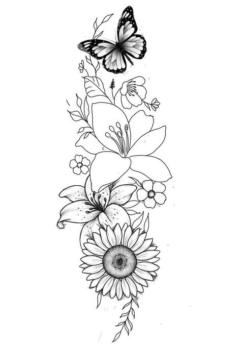 Tattoos For Women Forearm, Butterfly Outline Tattoo, Outline Tattoo Ideas, Front Thigh Tattoos, Arm Tattoos For Women Forearm, Tattoo Ideas Simple, Butterfly With Flowers Tattoo, Arm Sleeve Tattoos For Women, Small Girly Tattoos