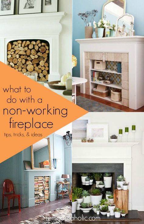 Dealing with a non-working fireplace -- tips, tricks, and ideas for decorating a fireplace that's non-functional Inactive Fireplace Decor, Non Functioning Fireplace Ideas, Closed Fireplace Ideas, Repurposed Fireplace, Faux Fireplace Ideas, Empty Fireplace Ideas, Empty Fireplace, Fireplace Transformation, Downtown House