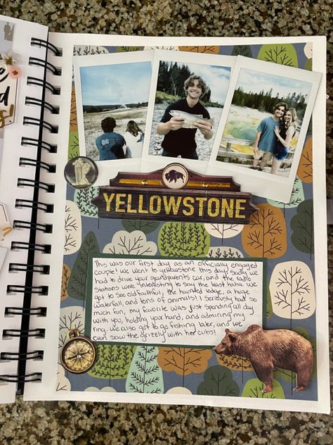 Yellowstone adventures #scrapbooking Roadtrip Scrapbook Ideas, Up Adventure Book Scrapbook, Rustic Scrapbook Ideas, Hiking Scrapbook Ideas, Scrapbook Ideas Nature, Nature Scrapbook Ideas, Adventure Book Scrapbook Ideas, Scrapbook Ideas Vacation, National Park Scrapbook Layouts