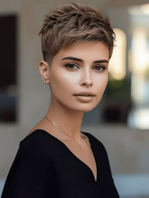 36 Spring Pixie Haircut Ideas that will glamorize in 2024 Short Spiked Hair For Women Over 50, Super Short Pixie Round Face, How To Style Pixie Cut, Boyish Haircut For Women, Brunette Pixie With Highlights, Feminine Pixie Haircut Fine Hair, Brunette Pixie Cut, Very Short Pixie, Short Hair Pixie