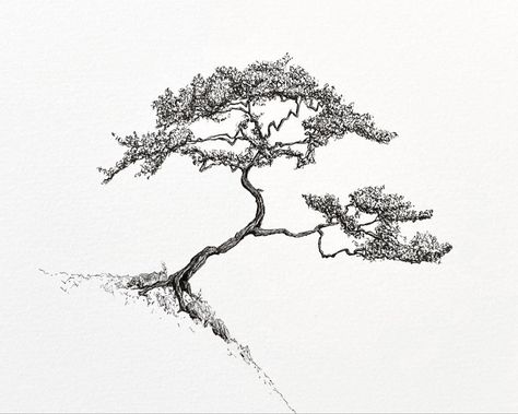 Tree Drawing Black And White, Tree Ink Drawing, Bonsai Tattoo, Bonsai Tree Tattoos, Pine Tattoo, Black Pen Drawing, White Korean, Drawing Black And White, Pine Tree Tattoo