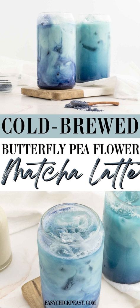 This cold brewed butterfly pea matcha latte is a beautiful, delicious latte full of powerful antioxidants. Milder in flavor than traditional green matcha, this herbal tea-based latte is subtle, sweet, and caffeine-free. It's the perfect little treat to enjoy without checking the time before bed! Butterfly Pea Flower Syrup, Herbal Tea Drinks, Good Matcha Drinks, Matcha Butterfly Pea, Butterfly Pea Flower Latte, Cold Herbal Tea Recipes, Matcha Latte Recipe Healthy, Butterfly Pea Tea Recipe, Tea Latte Ideas