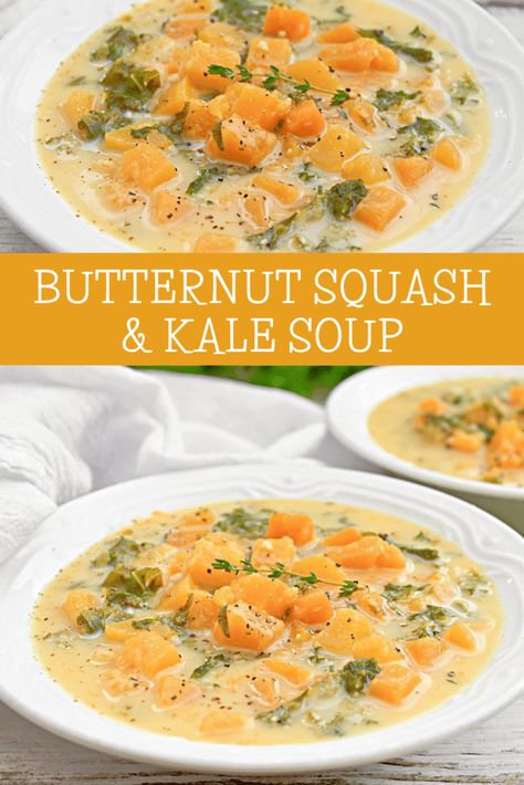 Butternut Squash and Kale Soup ~ A rich and comforting plant-based soup that's easy to make and packed with flavors of the season! Butternut Squash And Kale, Butternut Squash Kale, Veal Stew, Kale Soup Recipes, Indian Soup, French Soup, Monster Munch, Pork Soup, Wfpb Recipes