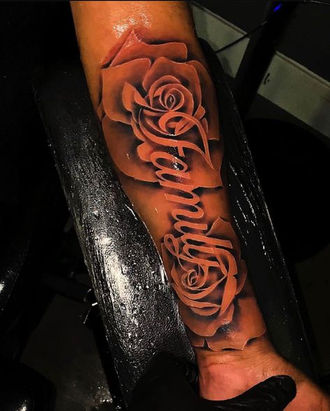 Arm Tattoos For Women Names, Forearm Tattoo Women Names, Forearm Tattoo Women Rose, Rose Tattoos For Women With Name, Cool Meaningful Tattoos For Women, Large Name Tattoo, Tattoo Ideas Female Forearm Black Women, Mom Names Tattoo Ideas, Rose And Name Tattoo