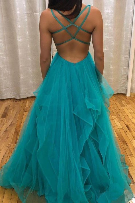 Prom Dresses With Straps, Dresses With Straps, Prom Dresses Long Pink, V Neck Prom Dresses, Blue Tulle, Gowns Prom, Backless Prom Dresses, Long Prom Dresses, Tulle Prom Dress