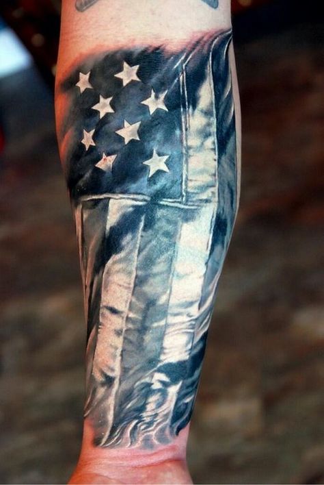 American Flag Forearm Tattoo, Tattoos Masculinas, Tatoo 3d, Flag Tattoos, Patriotic Tattoos, Inner Forearm Tattoo, Military Tattoos, Men Tattoos, Forearm Tattoo Design