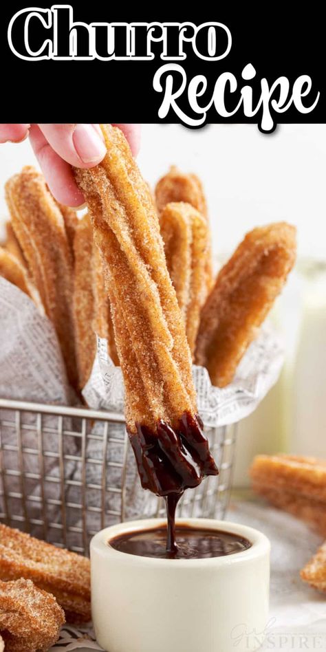 This homemade churro recipe tastes very similar to the Disney churro that the entire family goes crazy for! Each one is fried to perfection then rolled in a cinnamon-sugar mixture that is sweet and tasty. Churros Recipes, Homemade Churro, Homemade Churros Recipe, Churro Recipe, Easy Churros, Easy Churros Recipe, Luscious Recipes, Pastry Bites, Homemade Churros