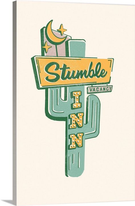 Stretched Canvas Print entitled Stumble Inn.  Multiple sizes available.  Primary colors within this image include White, Peach, Forest Green, Black.  Made in USA.  Satisfaction guaranteed.  Inks used are latex-based and designed to last.  Canvas is a 65 polyester, 35 cotton base, with two acrylic latex primer basecoats and a semi-gloss inkjet receptive topcoat.  Canvas frames are built with farmed or reclaimed domestic pine or poplar wood. Neon Cactus, Whiskey Ginger, Party Flyers, Retro Sign, Font Design, Large Canvas Prints, Route 66, Retro Art, Big Canvas Art