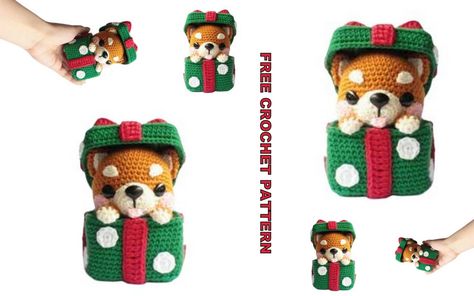 Amigurumi Present Shiba Free Crochet Pattern - crochet.sdbes.com Crochet Mickey Mouse, Crochet Princess, Free Amigurumi Patterns, Holiday Crochet, Christmas Feeling, Christmas Crochet Patterns, Christmas Dolls, Halloween Crochet, Crochet Dog