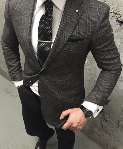 Dark Grey / Charcoal Check Blazer . White Shirt . Black Polka Dot Tie . Black Jeans #Autumn #Winter Blazer Outfit, Grey Blazer, Suit And Tie, A Man, Dark Grey, Blazer, Grey, Instagram, Black