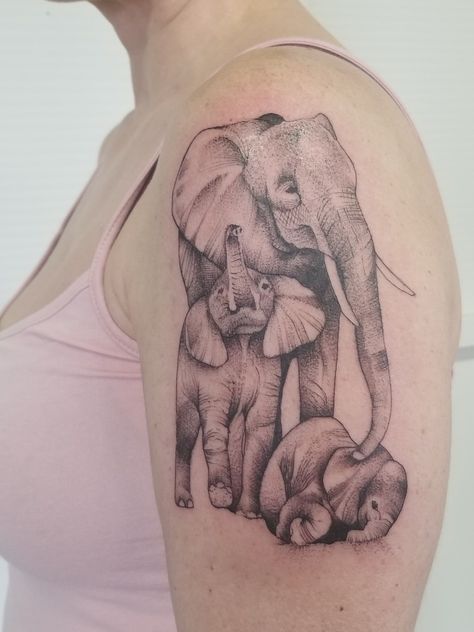 Elephant Family Tattoos For Women, Mother And Baby Elephant Tattoo, Elephant Trunk Up Tattoo, Mom And Baby Elephant Tattoo, Son Tattoo For Mom, Tattoo For Mom, Tattoos Family, Elephant Family Tattoo, Baby Elephant Tattoo