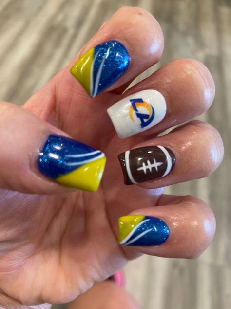 Rams Nails Design, Rams Nails, Los Angeles Nails, Nfl Nails, Football Nail Designs, Sports Nails, Acrylic Nails Stiletto, Football Nails, Teen Nails