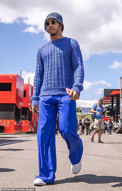 Lewis Hamilton showcases his quirky style in a blue ensemble ahead of the Austrian Grand Prix Monochromatic Blue Outfit, Blue Pants Outfit Men, Hamilton Outfits, Blue Pants Outfit, Austrian Grand Prix, High Fashion Men, F1 Driver, Blue Outfits, Quirky Style