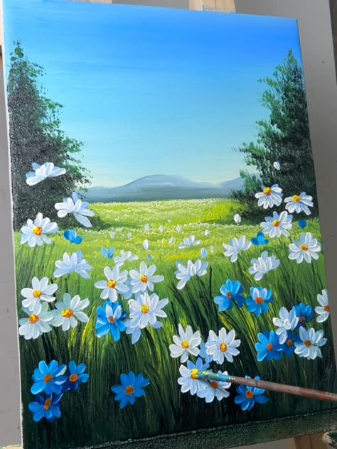 Acrylic Flower Tutorial Step By Step, Simple Painting Ideas Videos, Simple Landscape Paintings Acrylic, How To Do Painting For Beginners, Painting Ideas Flowers Acrylic, How To Paint A Field, Acrylic Painting Canvas Landscapes Easy, Beginners Painting Ideas, Flower Field Painting Tutorial