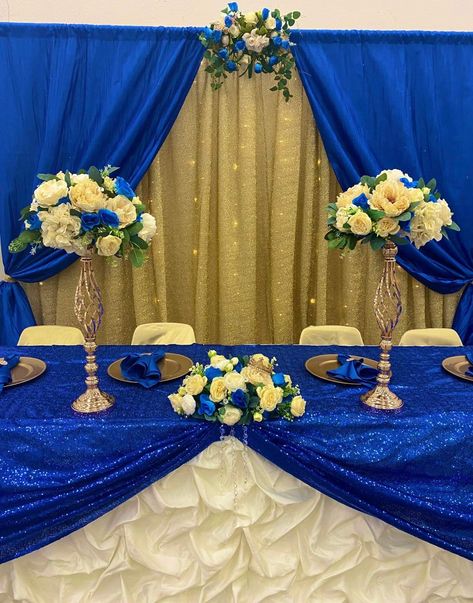 Royal Blue Backdrop Ideas, Wedding Ideas Royal Blue, Royal Blue Wedding Backdrop Decor, Royal Blue Traditional Drape Wedding Sets, Royal Blue Main Table Quince, Royal Blue Sets For Party With Traditional Drape, Wedding Curtains, Royal Blue Bouquet, African Head Scarf