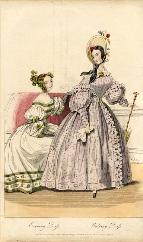 Evening and walking dresses, Autumn 1836 - Fashion Plate Collection, 19th Century - Claremont Colleges Digital Library 1836 Fashion, 1840 Fashion, Claremont Colleges, 1800s Clothing, 1830s Fashion, Walking Dress, Decades Of Fashion, Simple White Dress, Dresses Autumn