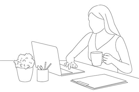 Woman working with laptop and drinking c... | Premium Vector #Freepik #vector #girl-work #women-work #happy-working #office-woman Business Drawing Ideas, Working Woman Drawing, Women Working Illustration, Business Woman Drawing Sketch, Business Woman Drawing, Laptop Drawing, Computer Sketch, Laptop Design, Woman Sketch