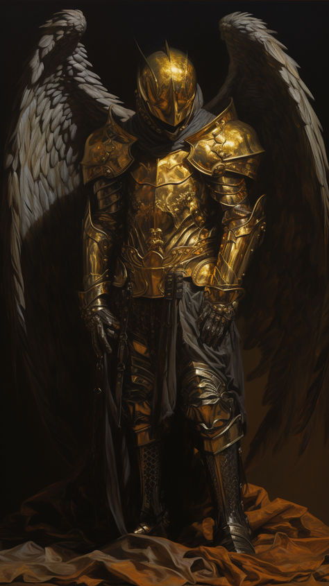 painting of a golden medieval knight, helmet with wings like hermes boots, 1970's dark fantasy art style, book cover art, surrealism: lifelike accuracy, volumetric lighting Hermes Fantasy Art, Winged Knight Art, Winged Boots Fantasy Art, Winged Helmet Knight, Gold Knight Fantasy Art, Armor With Wings, Gold Knight Aesthetic, Fantasy Knight Helmet Design, Golden Warrior Fantasy Art