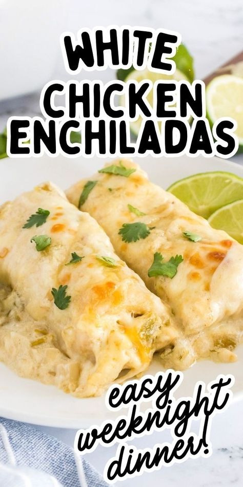 White chicken enchilada casserole served on a plate. Easy White Sauce Enchiladas, White Chicken Enchiladas Crockpot, White Chicken Chili Enchiladas, Small Batch Chicken Enchiladas, Easy Chicken Enchiladas With White Sauce, Chicken Suiza Enchiladas, White Sauce Enchiladas Chicken, White Chicken Enchiladas Easy, Easy Enchiladas Chicken