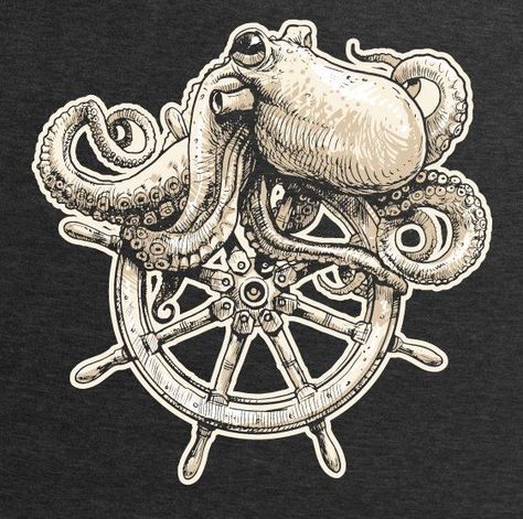 Squid Illustration, Ship Wheel Tattoo, Ship Tattoos, Nautical Tattoo Sleeve, Mermaid Inspiration, Squid Tattoo, Wheel Tattoo, Captain Nemo, Octopus Tattoo Design