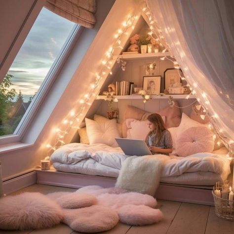 Attic Room Ideas Cozy Spaces, Girls Loft Bedroom, Low Ceiling Bedroom, Quirky Bedroom, Hangout Room, Girly Room Decor, Loft Bedroom, Loft Space, Attic Bedrooms