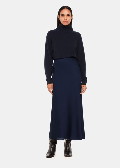 Navy Satin Bias Cut Skirt | WHISTLES | Sleek Long Bias Cut Skirt, Flat Shoe Outfits, Navy Satin Skirt, Navy Satin Slip Skirt, Luxury Bias Cut Midi Skirt, Satin Relaxed Bias Cut Skirt, Sleek Bias-cut Relaxed Skirt, Birkenstock Shearling, Chic Shoes Flat