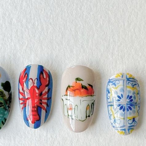 Milwaukee Gel Nail Artist on Instagram: "Amalfi coast inspired custom press ons 🍊

#pressons #custompressons #pressonnails #nailart #nailartist #nailsnailsnails #trendynailart #italynails #summernails #summernailart #handpaintednailart" East Coast Nails, Italy Nail Art, Maine Nails, Amalfi Nails, Sardine Nails, Amalfi Coast Nails, Italian Nails, Cocktail Nails, Diy Nails Easy