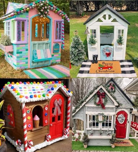 Christmas Play House Diy, Christmas Playhouse Makeover, Upcycled Playhouse, Diy Outdoor Gingerbread House Decor, Playhouse Gingerbread House, Diy Christmas Family Photo, Whoville Houses, Christmas Playhouse, Gingerbread Playhouse