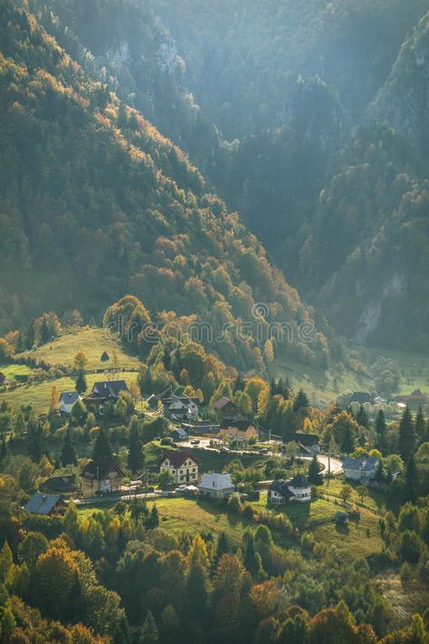 Small Mountain Town, Mountain City Aesthetic, Mountain Civilization, Summer Village Aesthetic, Mountain Village Aesthetic, Mountain Town Aesthetic, Town In Mountains, Mountain Neighborhood, Village In Forest