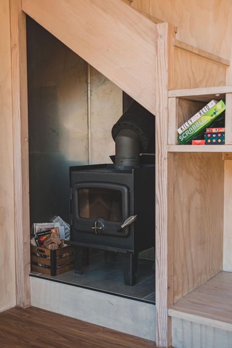 Wood Stove Under Stairs, Stove Under Stairs, Fireplace Under Stairs, Loft House Design, Composting Toilets, Off Grid Cabin, Tiny House Inspiration, Double French Doors, Australian Bush