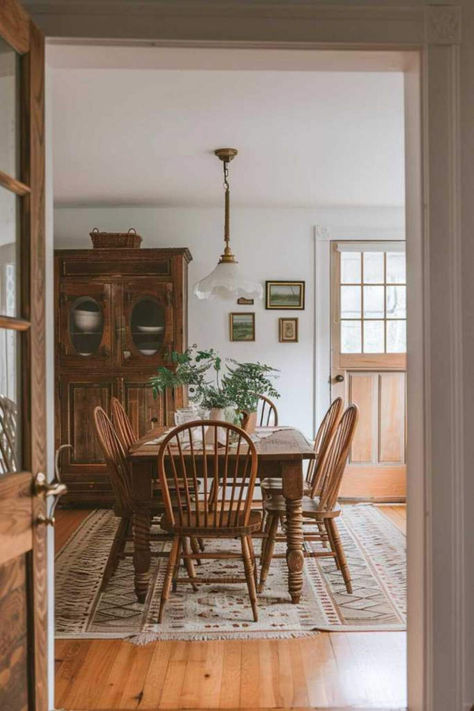 40 Beautiful Cottagecore Dining Room Ideas for a Vintage Look Pendant Lights In Dining Room, Cozy Home Dining Room, Old Country Dining Room, Vintage Farmhouse Dining Table, Add Vintage Charm To Home, Homey Dining Rooms, Cottage House Dining Room, Rustic Cottage Dining Room, Vintage Aesthetic Dining Room