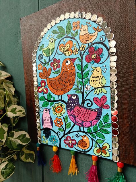 Bird Lippan Art, Canvas Painting For Gifting, Madhubani Art Bird, Painting With Mirror, Abstract Animal Painting, Painting On Mini Canvas, Colorful Acrylic Painting, Painted Mirror Art, Diy Canvas Art Easy