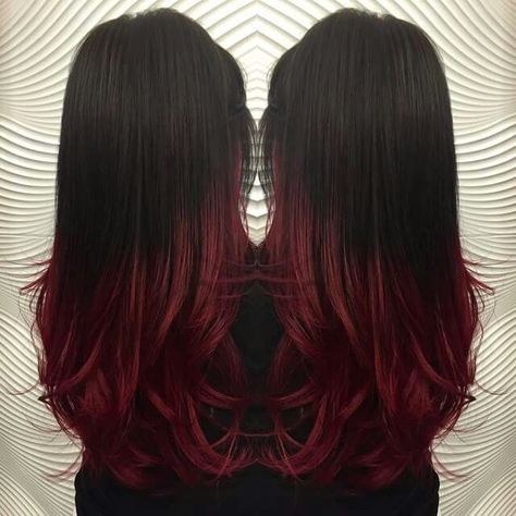 Dark Red Fade Hair, Red Ombre On Black Hair, Black And Red Tips Hair, Long Black Hair With Red Underneath, Red Hair Ends Dip Dye, Dyeing The Ends Of The Hair, Black Brown And Red Hair, Black And Red Hair Ombre, Black Hair With Red Ombre