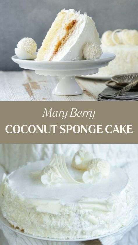 Mary Berry Coconut Sponge Cake Sticky Coconut Cake, Coconut Sponge Cake Recipe, Cake Combinations, Coconut Sponge Cake, Flavored Frosting, Coconut Cakes, Tropical Desserts, Mary Berry Recipe, Sponge Cake Recipe