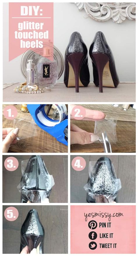 DIY Glitter Shoes - DIY Fashion & Style by Yes Missy! Diy Glitter Shoes, Diy Clothes Refashion Videos, Diy Heels, Holiday Party Shoes, Shoe Refashion, Shoe Makeover, Diy Clothes Refashion, Diy Clothes Videos, Diy Glitter