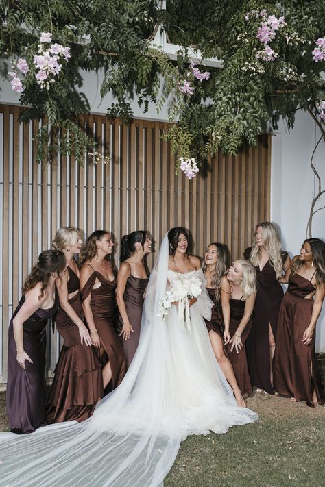 bridesmaids in mix and match brown gowns for an earthy and romantic boho beach wedding in Ibiza Braidsmaids Dresses Brown, Ethereal Wedding Bridesmaid, Bridesmaid Brown Dress, Taupe Brown Bridesmaid Dresses, Brown And Pink Bridesmaid Dresses, Skin Tone Bridesmaid Dress, Brown Wedding Bridesmaid Dress, Brown Bridesmaid Dresses And Groomsmen, Solid Color Bridesmaid Dress