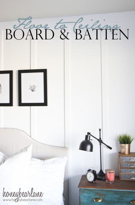 Floor to Ceiling Board and Batten Tutorial ... looks sooo easy ... love it .... honeybearlane Beachy Farmhouse Bedroom, Ceiling Board And Batten, Board And Batten Wall, Headboard Wall, Floor To Ceiling, Board And Batten, Remodel Bedroom, Wainscoting, Floor Installation