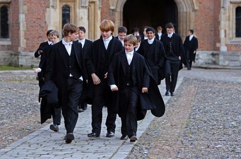 BOYS IN ETON COLLEGE UNIFORMS: Eton is one of England’s largest independent secondary schools and one of the highest in prestige. It was founded by Henry VI in 1440–41 for 70 highly qualified boys who received scholarships from a fund endowed by the king.    Students, called Oppidans,  have traditionally come from England’s wealthiest and most prestigious families, many of them aristocratic. Boys enter Eton about age 13 and continue there until they are ready to enter university. Eton College, College Uniform, School Fees, Boys School Uniform, School Yard, Prep School, Dark Academia Aesthetic, Boarding School, Private School