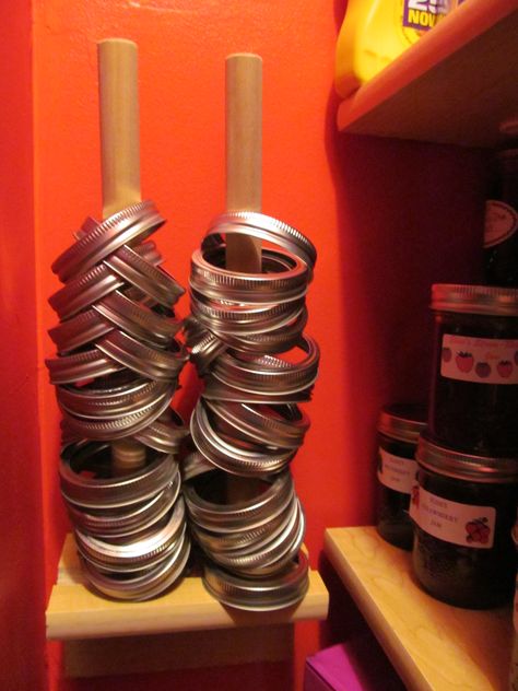 Simple canning ring storage - I made this to go in an unused corner of the pantry so the rings didn't waste shelf space. Canning Cabinet Storage Diy, Mason Jar Ring Storage, Canning Ring Storage Ideas, Canning Ring Storage, Diy Canning, Canning Kitchen, Canned Food Storage, Canning Lids, Canning Food Preservation