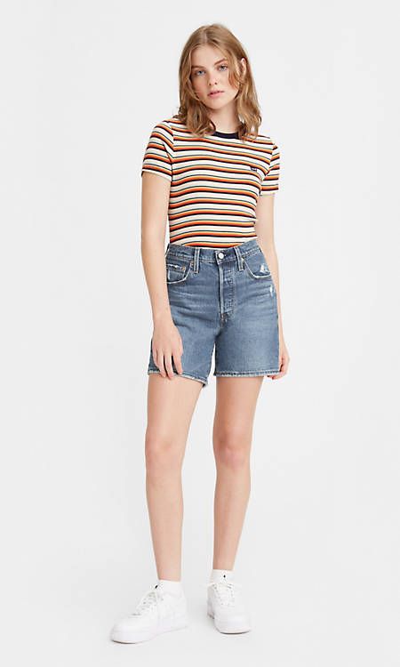 501® Original Mid Thigh Women's Shorts - Medium Wash | Levi's® US Long Jean Shorts Outfit, Campus 00, Long Jean Shorts, Long Denim Shorts, 00s Style, Aesthetic Baby, Jean Short Outfits, Mid Thigh Shorts, Shorts Outfits Women