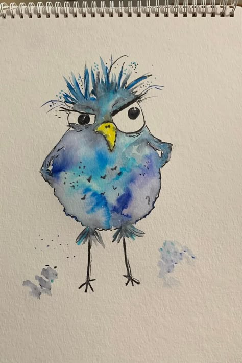 Whimsical Birds Watercolor, Whimsical Birds Drawing, Happy Painting Ideas, Watercolor And Pen Art, Whimsical Art Drawings, Draw Birds, Painted Animals, Card Painting, Buffalo Art