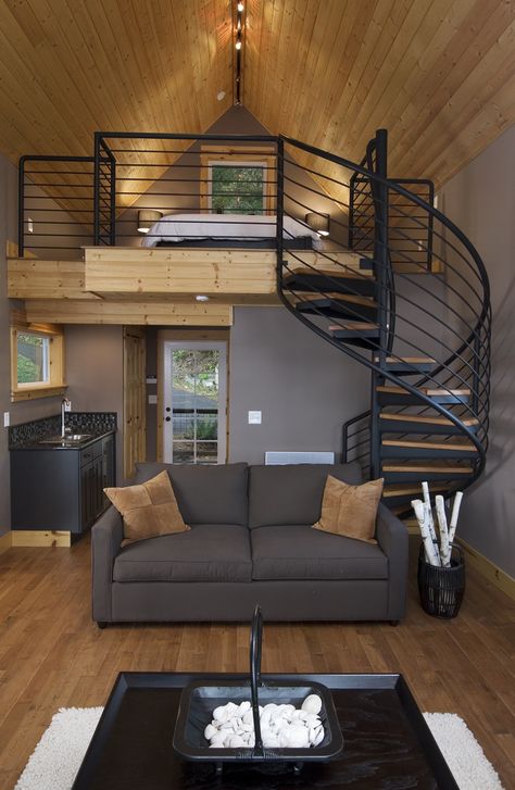 wood-and-metal-spiral-staircase-for-loft-bed Design Casa Piccola, Stair Case, Compact Living, Design Del Prodotto, Bedroom Loft, Spiral Staircase, Tiny House Living, Loft Style, Tiny House Design