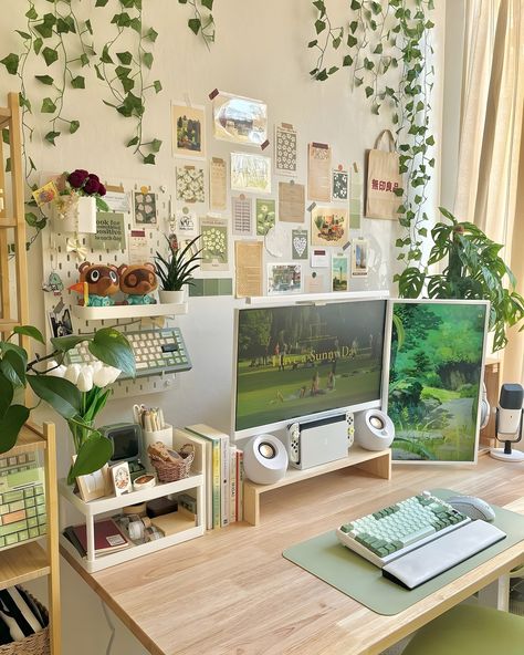 Nature-Inspired Desk Setup "Surround yourself with the calm of nature 🌿✨. This nature-inspired desk setup brings the outdoors in, creating a peaceful workspace. Huge thanks to @cozy.tealeaf for the earthy inspiration! #NatureInspired #GreenWorkspace #EcoFriendly #DeskGoals #WorkFromHome" Nighttime Photos, Grunge Bedroom, Rooms Interior, Gaming Bedroom, Cozy Desk, Dream Desk, Cozy Office, Computer Set, Desk Setups