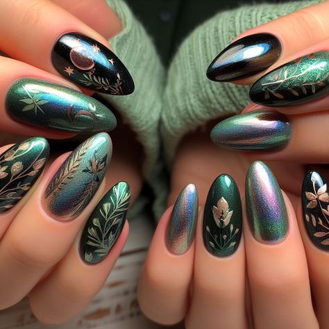 Faerie Aesthetic Nails, Elvish Nail Art, Halloween Fairy Nails, Dark Floral Nail Art, Forest Witch Nails, Moody Spring Nails, Spring Witch Nails, Imbolc Nails, Earth Tone Nail Designs