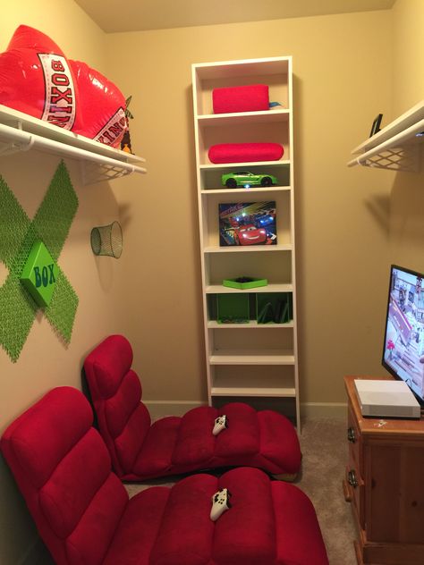 Closet Game Room Ideas, Lego Shelving, Closet Game Room, Gaming Closet, Converted Closet, Teen Closet, Kids Nook, Sims 4 City Living, Kids Room Desk