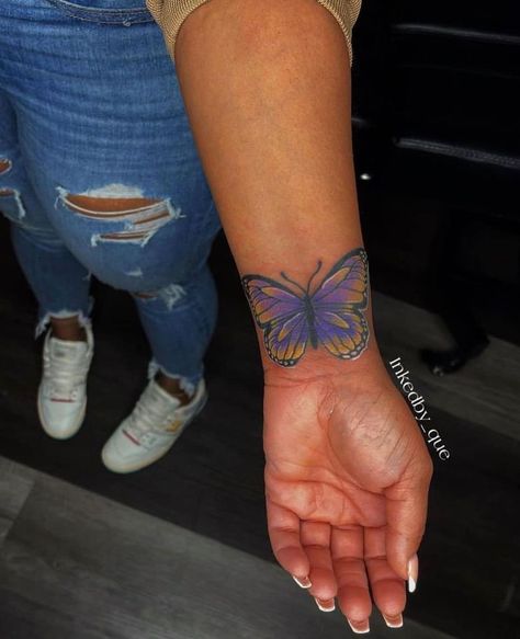 Butterfly Tattoo On Dark Skin, Tattoo On Dark Skin, Cute Foot Tattoos, Wrist Tattoo Cover Up, Butterfly Wrist Tattoo, Pretty Hand Tattoos, Hip Tattoos Women, Up Tattoo