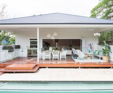 A Queenslander home refreshed with coastal style Back Porch Designs, Bifold Door, Patio Deck Designs, Coastal Gardens, Character Home, Pergola Plans, Outdoor Entertaining Area, Porch Design, Coastal Interiors