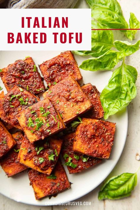 This Italian tofu is marinated in a zesty tomato herb sauce and baked to perfection! It's full of flavor and perfect for pairing with pasta, stuffing in a sandwich, or piling on a salad. Keto Pasta Salad, Italian Tofu, Vegan Recipes Pasta, Bake Tofu, Italian Bake, Tofu Recipes Healthy, Kidney Friendly Recipes Renal Diet, Recipes Tofu, Italian American Food