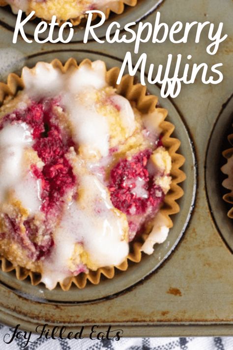 Keto Raspberry Muffins are bursting with raspberries and are drizzled in a homemade glaze. Soft, tender muffins are delicious for breakfast, brunch, or an easy snack idea. They easily fit into diets that are gluten free, keto, dairy free, sugar free, and THM. Keto Raspberry Muffins, Raspberry Cream Cheese Muffins, Thm Muffins, Keto Dairy Free, Raspberry Muffin Recipes, Low Carb Muffin Recipes, Homemade Glaze, Keto Raspberry, Keto Dairy