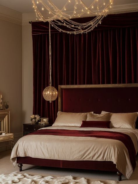 Burgundy Room Ideas, Burgundy Velvet Curtains, Burgundy Bedroom Ideas, Twinkling String Lights, Burgundy Room, Burgundy Bedroom, Romantic Bedroom Ideas, Vintage Apartment, Home Hall Design